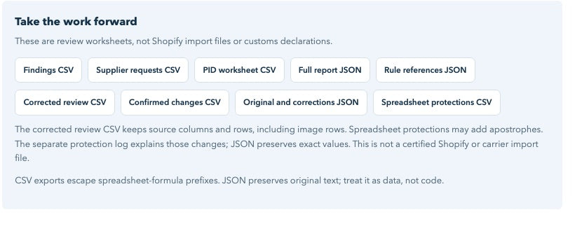 Downloads after a check: findings CSV, supplier requests, PID worksheet, corrected review CSV and change logs
