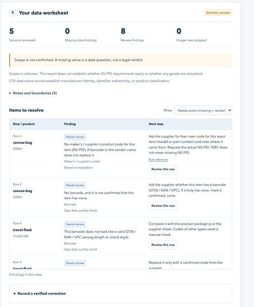 TITANTH Catalog Check worksheet: findings per product row with next steps (synthetic sample)